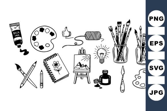 Hand Drawn Art Supplies Clipart Set Guide