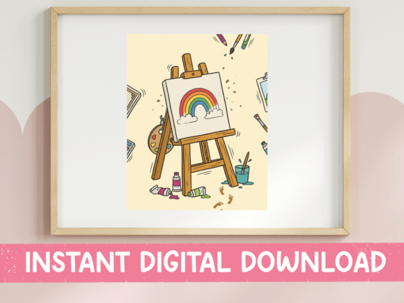 Rainbow Canvas on Easel Art Studio: A Cheerful Digital Design for Creative Spaces