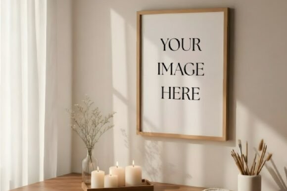 Vertical Wood Frame on Desk: Evaluating a Minimalist Artist Workspace Mockup