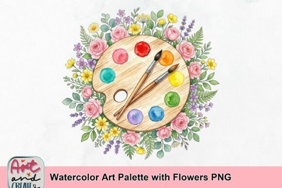 Watercolor Art Palette with Flowers PNG